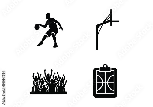 Basketball player dribbling ball near hoop with cheering crowd icons
