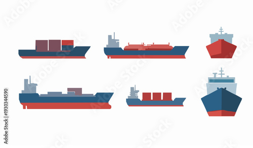 Cargo Ship Icon Set Flat Vector Container Tanker and Freight Vessel Collection