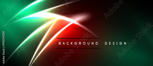 Abstract neon lines create dynamic red, green gradients. Dark background emphasizes bright curves, shapes, text elements. Modern design.