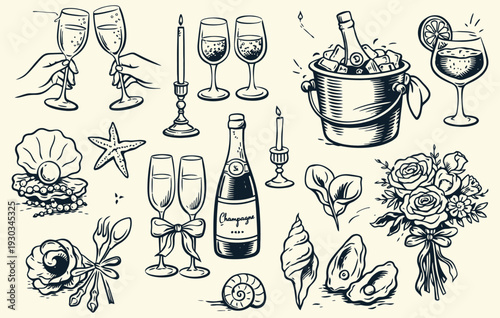 Hand drawn champagne, oysters, roses, candles, and romantic celebration elements in vintage sketch style. Elegant illustration set for wedding invitations, anniversary design, fine dining menus, and l