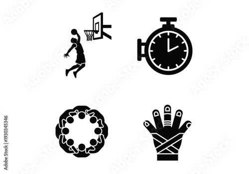 Basketball slam dunk silhouette and stopwatch timer with team huddle and bandaged hand art