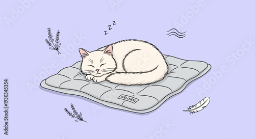 A serene cat sleeps peacefully on a soft cushion surrounded by lavender vector eps.