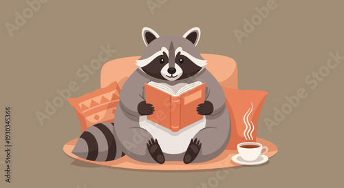 A raccoon reads a book on a couch with a cup of coffee nearby vector eps