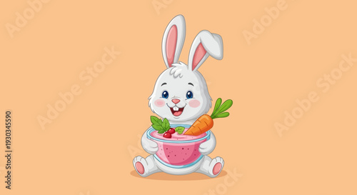 A cute cartoon rabbit happily holds a pink bowl with a carrot and greens vector eps illustration.