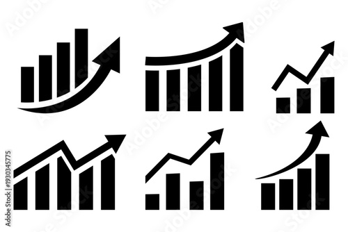 Set of business growth bar charts with rising arrows, financial success icons.
