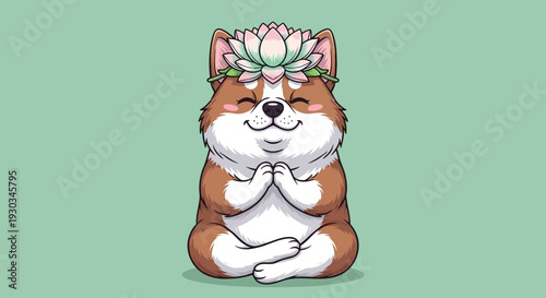 Serene dog meditating in lotus position, vector eps illustration on green background