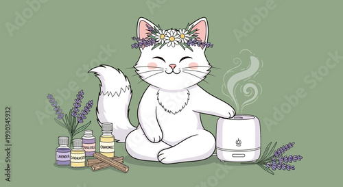 A white cat in a floral crown sits with an essential oil diffuser and bottles vector eps