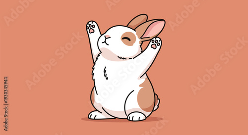 A cute cartoon rabbit in vector eps format raises its paws cheerfully outdoors.