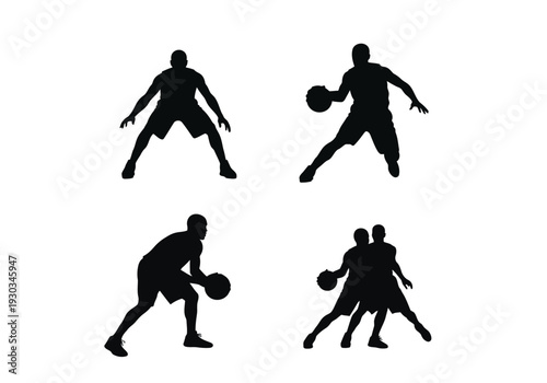 Basketball defensive stance and offensive dribbling player silhouettes for sports design