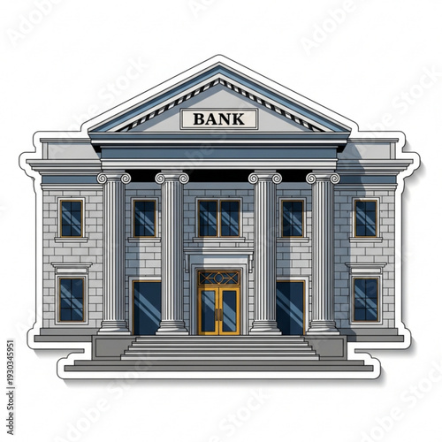 Detailed illustration of a classical bank building with columns and steps, featuring a prominent "BANK" sign on its facade.