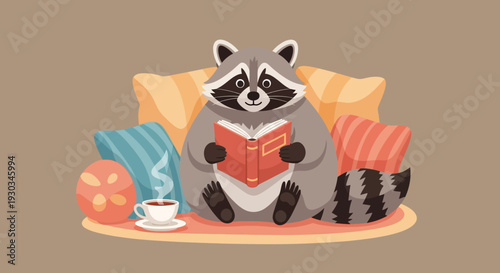 Raccoon reads book on couch with coffee and pillows in cozy indoor setting vector eps