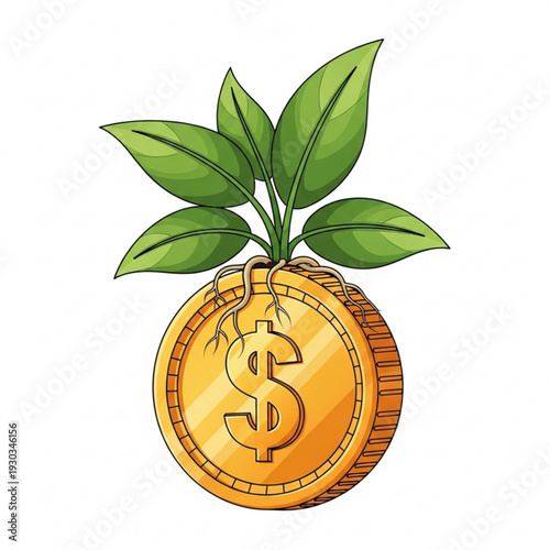 A vibrant green plant with roots growing out of a golden dollar coin, symbolizing financial growth, investment, and prosperity.
