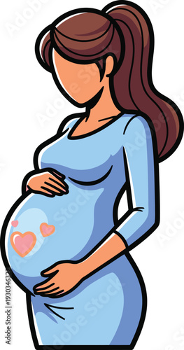 Pregnant woman in a light blue dress stands thoughtfully holding her large belly adorned with small pink hearts, representing anticipation.