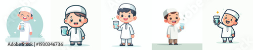 vector muslim little boy standing holding a glass of water