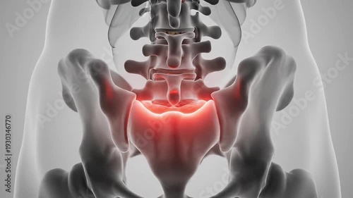 Anatomical illustration of the human sacrum and coccyx highlighted in red, indicating pain or inflammation in the lower back region