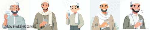 half body vector muslim man holding a glass of water