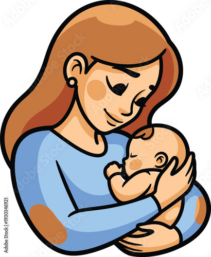 Mother gently holds her peacefully sleeping newborn baby close to her chest in a tender moment of maternal care.