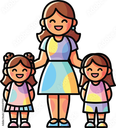 Happy mother stands proudly with her two smiling young daughters on a plain white background.