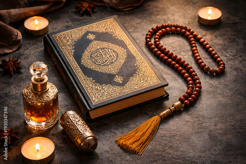 Islamic Still Life Quran Tasbih Attar Prayer Beads Candle Ramadan Setup