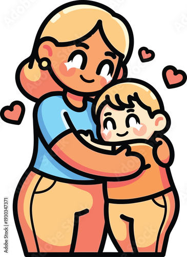 Mother figure joyfully hugs a small child with closed eyes, illustrating parental love, warmth, and nurturing care in a simple graphic style.