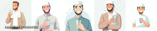 half body vector muslim man holding a glass of water