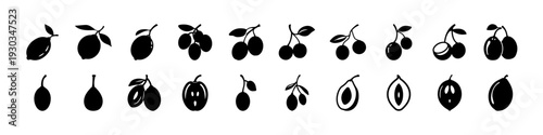 Black Fruit and Avocado Silhouette Icon Set -
Collection of black fruit silhouettes including apples, cherries, pears, and avocados isolated on white background, perfect for organic food branding and 