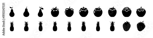 Black Pear and Apple Silhouette Collection -
Set of black pear and apple silhouettes isolated on white background, perfect for organic food branding, healthy lifestyle themes, and grocery design.