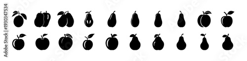 Black Pear and Apple Silhouette Icon Set -
Assorted black pear and apple silhouettes isolated on white background, ideal for organic food branding, healthy eating themes, and grocery design.