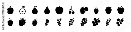 Black Fruit and Grape Silhouette Icon Set -
Set of black fruit silhouettes including apples, berries, and grape clusters isolated on white background, ideal for organic food branding and healthy lifes