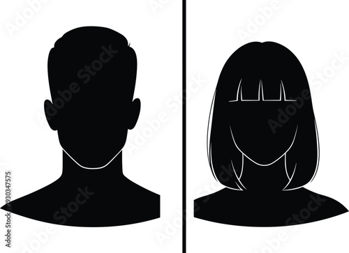 Male and female avatar silhouette icons, anonymous profile picture concept, user identity symbol, social media default profile illustration, minimal design