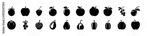 Black Apple and Fruit Icon Collection -
Set of black apple and assorted fruit silhouettes isolated on white background, perfect for healthy eating themes, organic branding, and food design.