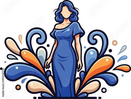 Elegant woman in a blue dress emerges from swirling abstract blue and orange liquid splashes representing vitality and beauty.