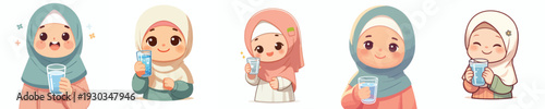 half body vector muslim little girl holding a glass of water