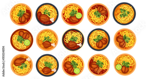 Khao Soi Northern Thai Coconut Curry Noodle Soup Vector Illustration Set