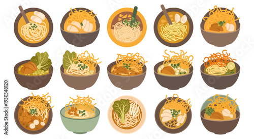 Northern Thai Khao Soi and Asian Curry Noodle Soup Collection Vector Illustration