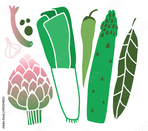 Minimal vegetable set featuring leek, artichoke, and green vegetables in a flat modern style. Vector illustration perfect for food graphics and healthy lifestyle designs.