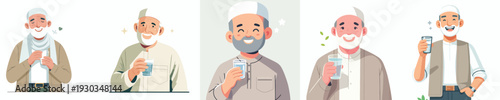 half body vector muslim grandfather holding a glass of water