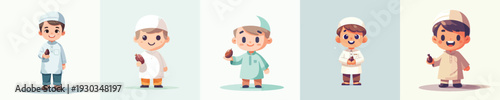 vector muslim little boy standing holding a dates fruit