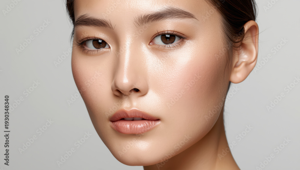 Fototapeta premium Glowing natural skin portrait closeup brown eyes smooth complexion neutral background