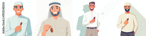 half body vector muslim man holding a dates fruit