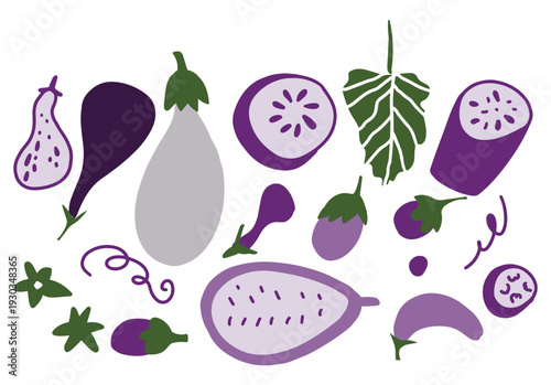 Flat hand drawn vegetable set in purple tones featuring sliced and whole vegetables. Decorative vector illustration perfect for food branding, recipes, and packaging design.
