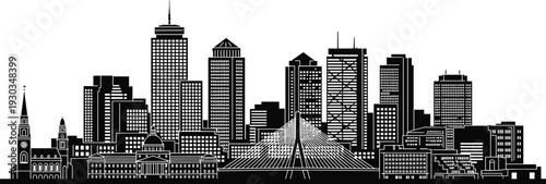 Modern city skyline silhouette, urban architecture panorama, downtown skyscrapers and bridge, metropolitan landscape, business district, black vector illustration design