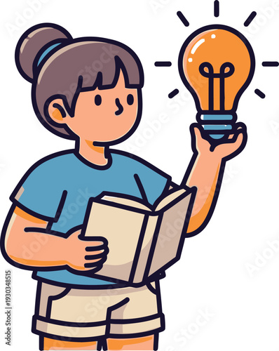 Young girl holding a glowing lightbulb while reading an open book, symbolizing a moment of sudden realization or inspiration.