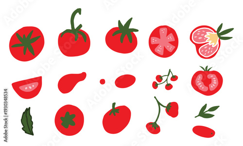 Tomato element set with whole fruits, slices, and leaves in flat hand drawn style. Vector illustration ideal for recipes, food packaging, and culinary graphics.