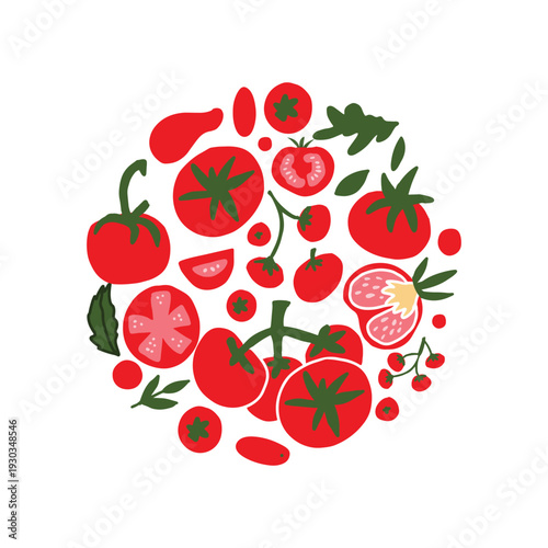 Circular tomato illustration composed of fruits and leaves in a cohesive flat style. Decorative hand drawn vector perfect for food packaging and modern kitchen decor.