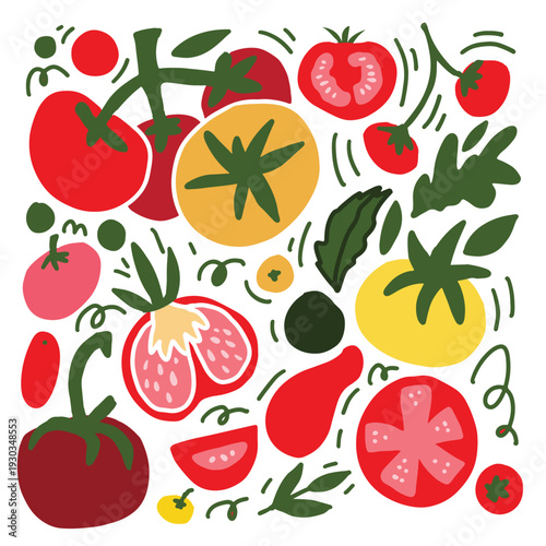 Flat vegetable illustration featuring tomatoes, leaves, and sliced elements in a balanced square composition. Modern hand drawn vector artwork for food branding and decor.