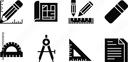 Black and white drafting icons set, pencil, blueprint, ruler, eraser, protractor, compass, triangle, document symbols