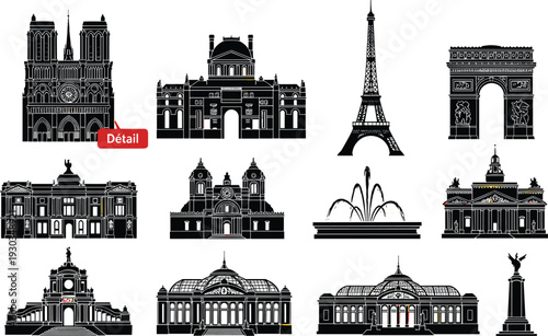 Paris landmarks silhouette vector set, Eiffel Tower, Arc de Triomphe, cathedral architecture, famous French monuments skyline illustration collection