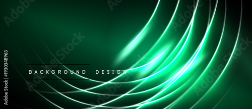 Dark green backdrop features glowing curved lines. Bright white streaks create dynamic visual effect. Text reads background design.