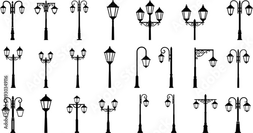 Collection of Diverse Street Lamp Silhouettes, Vintage and Modern Outdoor Lighting Designs